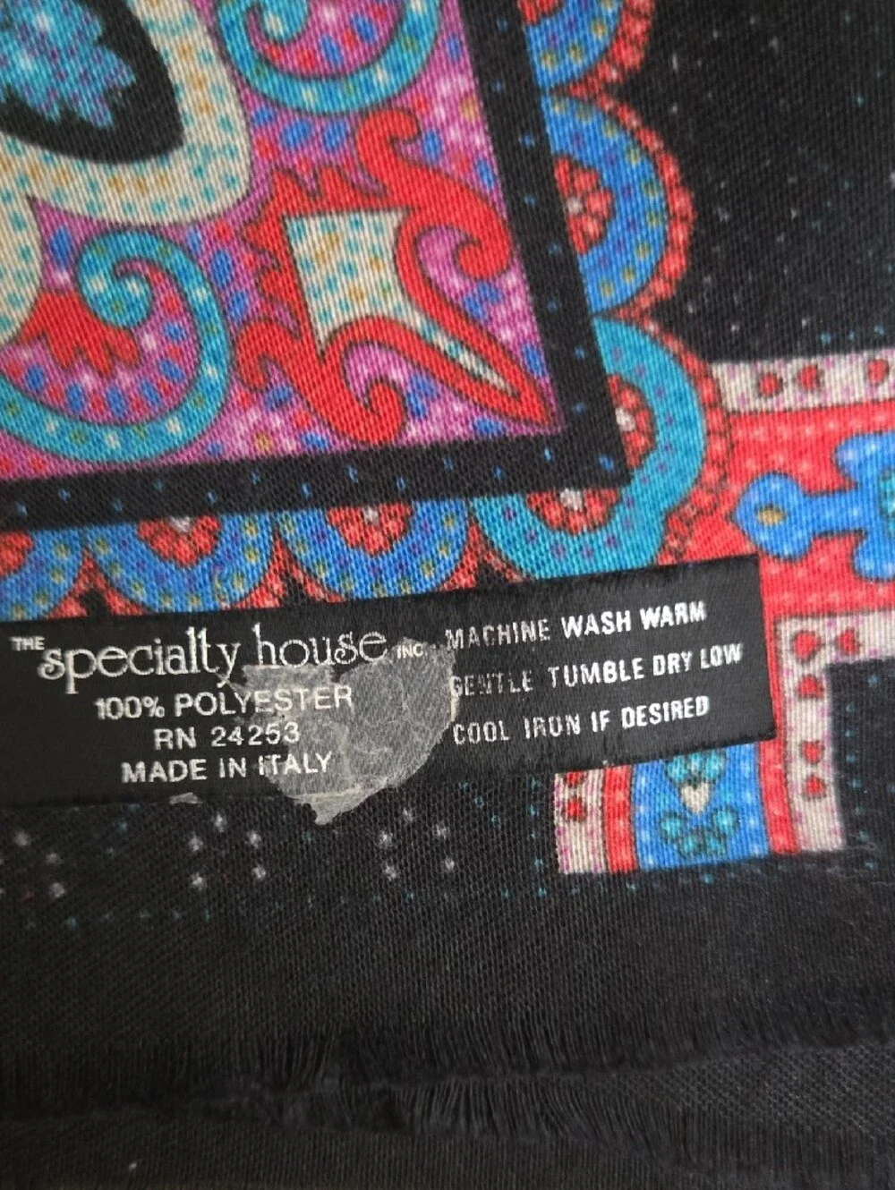 Black Paisley Print Scarf with Blue and Pink Accents Like New